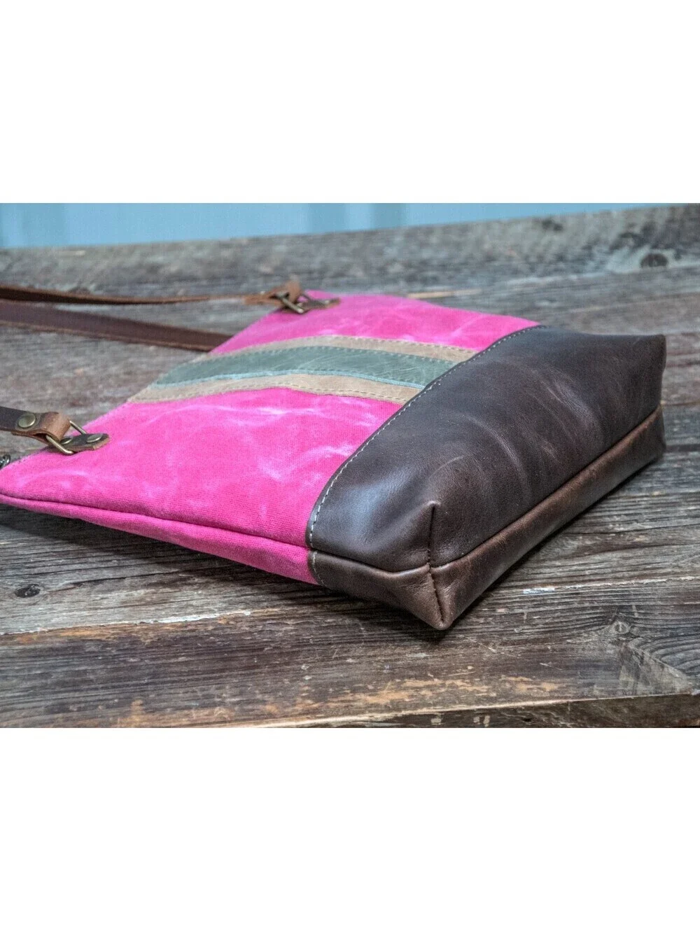 Handmade Leather & waxed canvas Tote Bag * Zipper Top * Pink with Brown Stripe